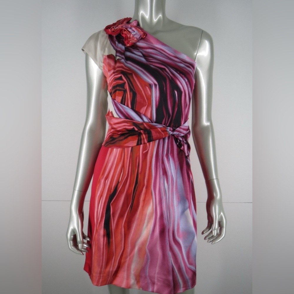 Elie Tahari Red and Pink One Shoulder Dress